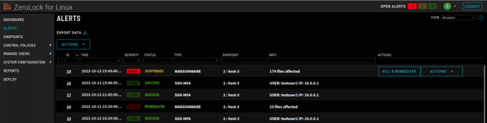 Alerts main page with Suspend